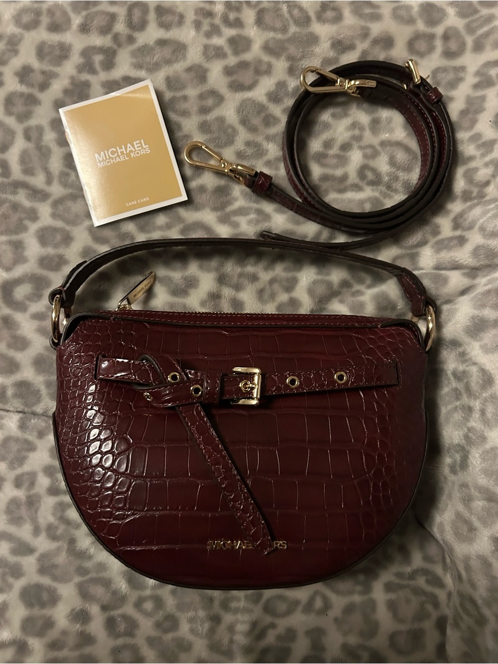 Michael Kors Croc-Embossed Burgundy Leather Saddle Crossbody